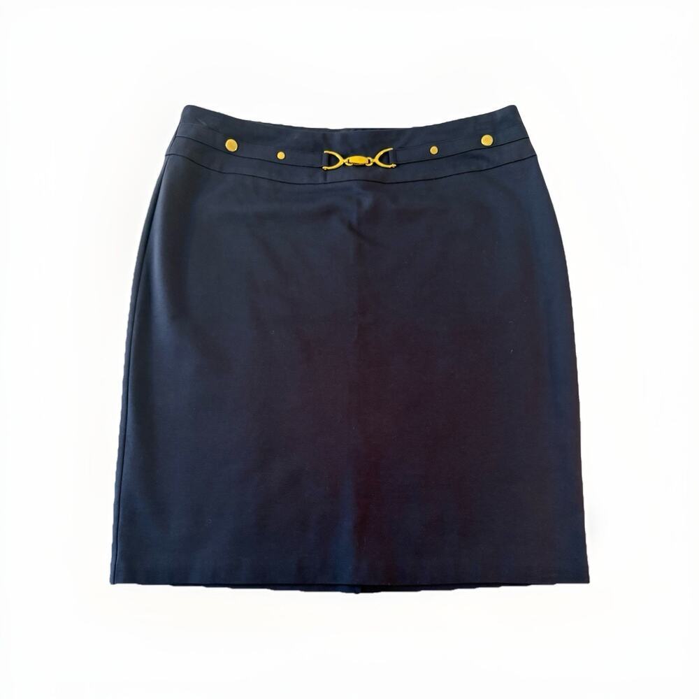 Navy Stretch Pencil Skirt Gold Bit Hardware Equestrian Chic Classic Prep Work XL